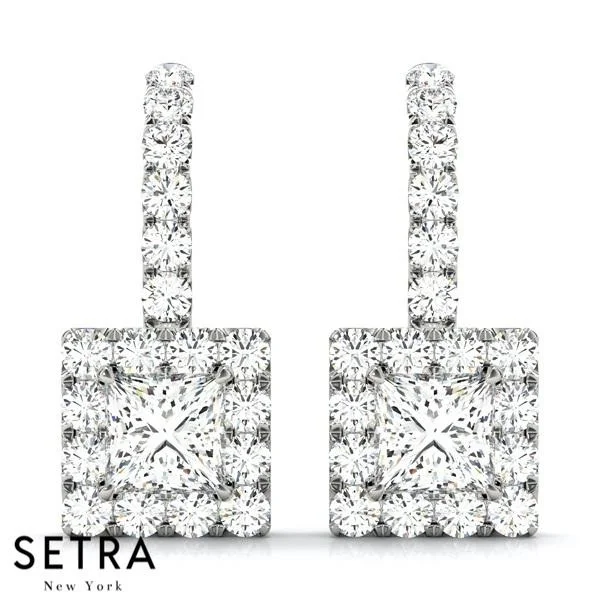 14K FINE SQUARE HOOK-UP HALO CHANDELIER DIAMOND EARRINGS