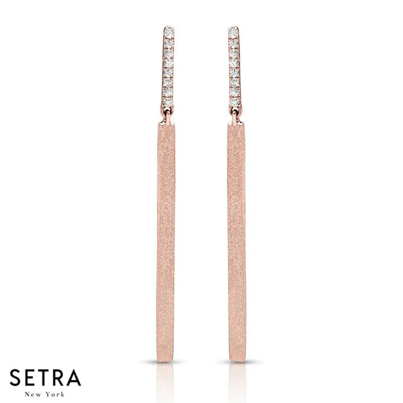 14K FINE ROSE GOLD WITH DIAMONDS LONG BAR HANGING EARRINGS