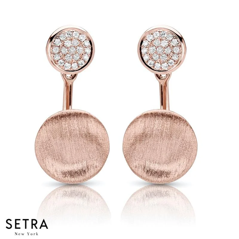 DESIGNER 14K FINE ROSE GOLD WITH DIAMONDS DISK EARRINGS