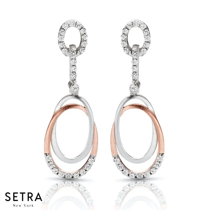 DESIGNER 14K FINE ROSE GOLD WITH DIAMONDS DOUBLE CIRCLE CHANDELIER EARRINGS