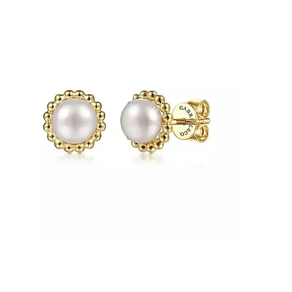 14K Yellow Gold Fresh Water Bujukan Beaded Halo Pearl Stud Earrings