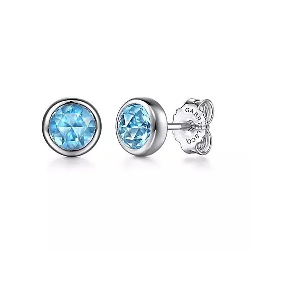 Sterling Silver Round Blue Topaz Bezel Set Stud Earrings.