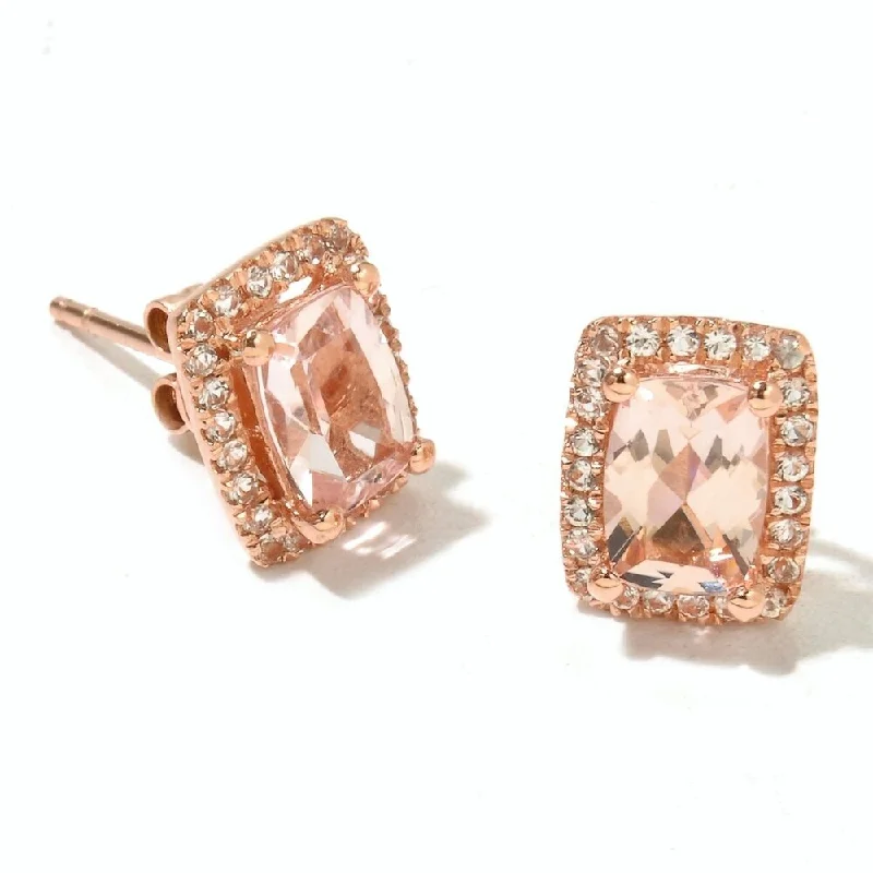 10K Rose Gold 1.8ctw Morganite and Diamond Princess Diana Cushion Halo Studs - Peach