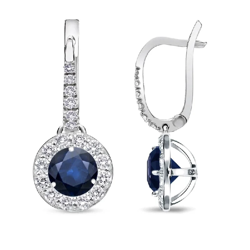 14k Gold Round 1/3ct Blue Sapphire and 2/5ct TDW Diamond Halo Dangle Earrings by Auriya