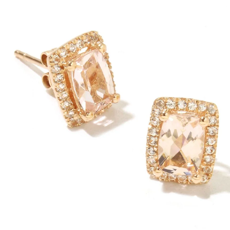 14k Yellow Gold Morganite and Diamond Cut White Topaz Cushion-cut Stud Earrings