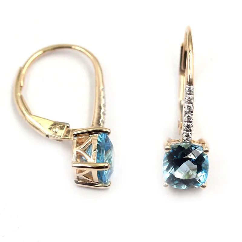 14Kt Yellow Gold Swiss Blue Topaz an Diamond Dangling Earrings