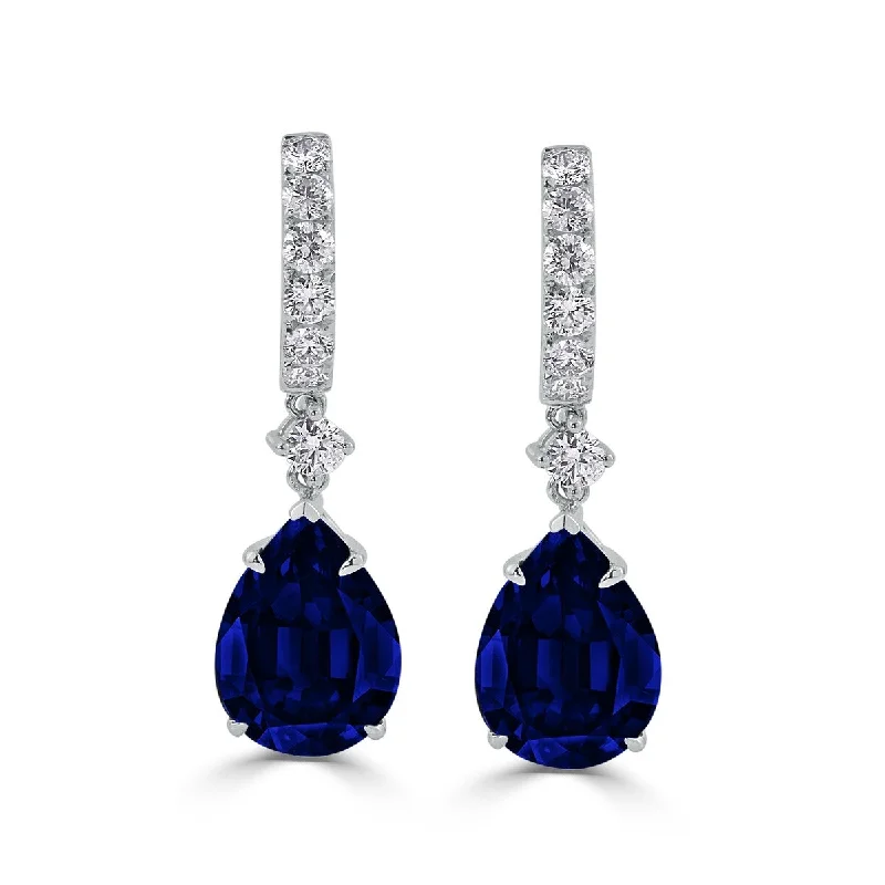 18k Gold Pear Shaped 13 3/4ct Blue Sapphire and 1ct TDW Diamond Dangle Earrings by Auriya