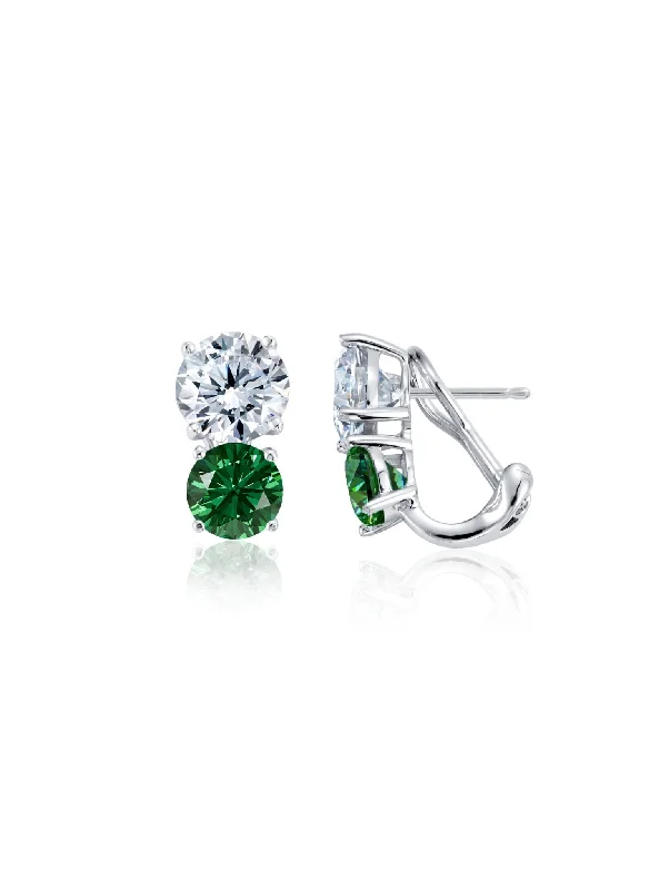 2 Stone Posted Earrings Emerald Color Stone Finished In Pure Platinum