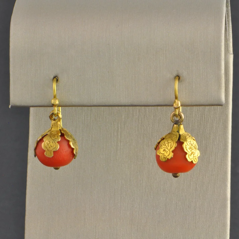 Antique Coral Bead Earrings in Yellow Gold