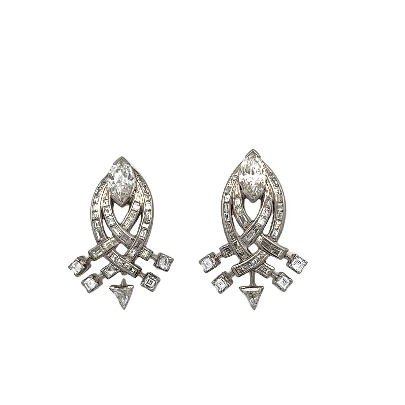 Antique Mid-century Diamond Earrings in Platinum