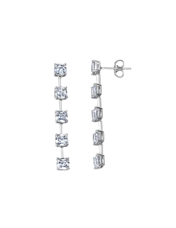 Asscher Cut Bar Linear Earrings Finished in Pure Platinum Sale