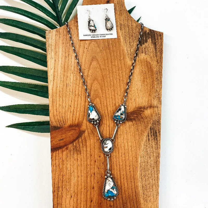 Augustine Largo | Navajo Handmade Sterling Silver & Remix White Buffalo and Turquoise Lariat Necklace + Matching Earrings