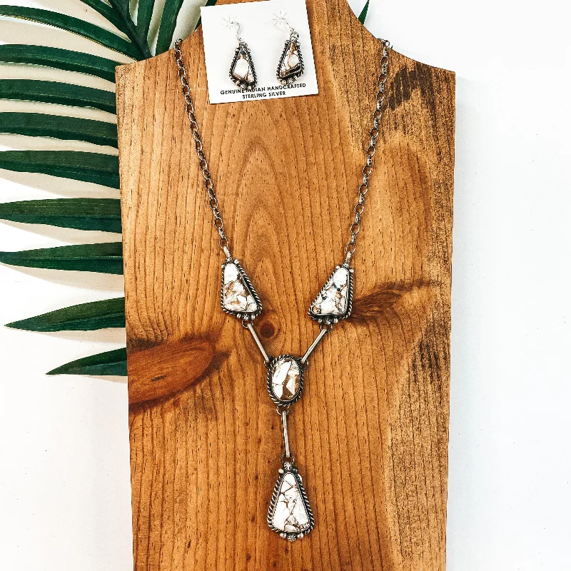 Augustine Largo | Navajo Handmade Sterling Silver & Remix White Buffalo Lariat Necklace + Matching Earrings