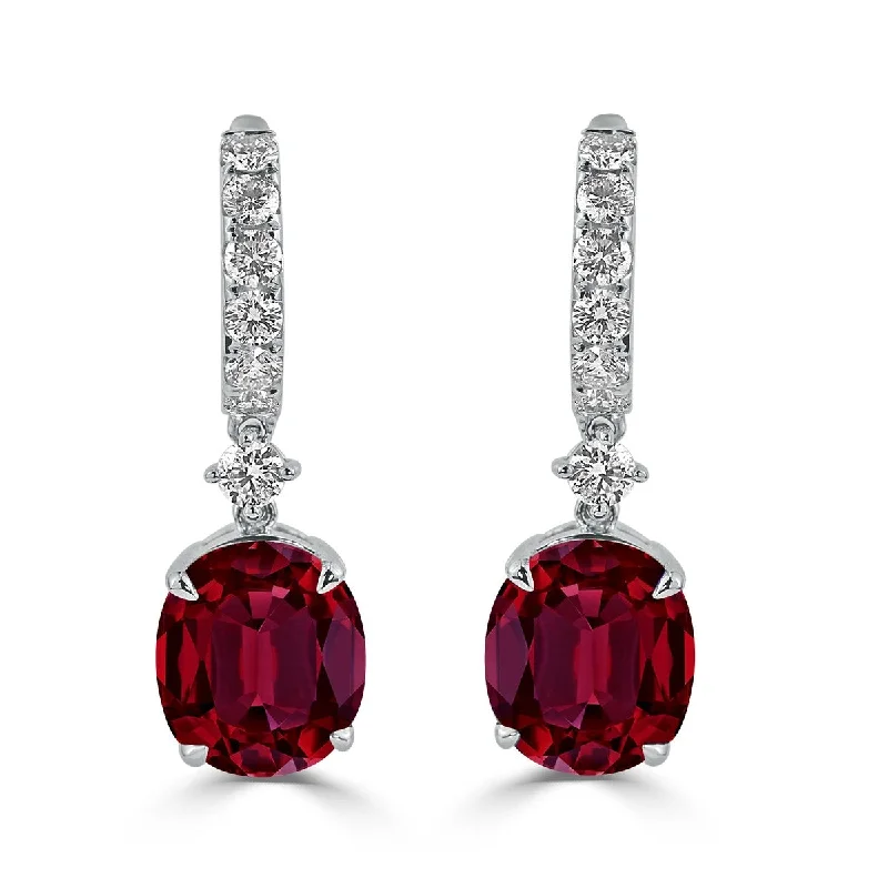 Auriya 12 9/10ct Fancy Oval-cut Red Ruby Halo Diamond Dangle Earrings 1 1/4ctw 18k Gold