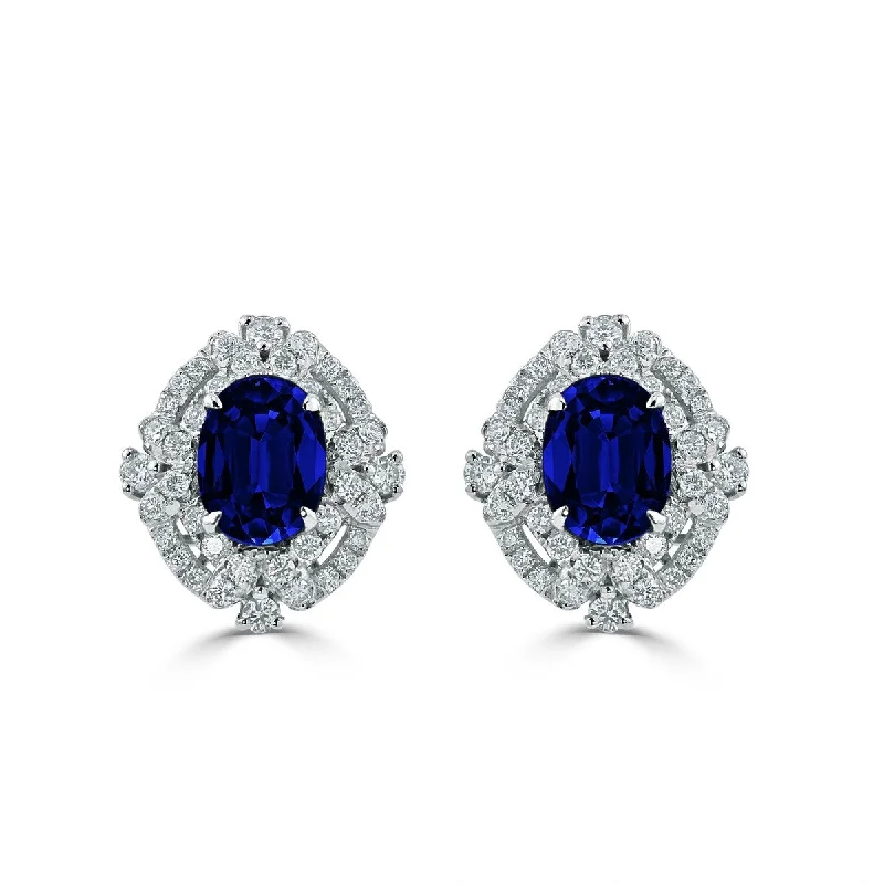 Auriya 18k White Gold 3 1/5ct Blue Sapphire and 5/8ct Diamond Halo Earrings