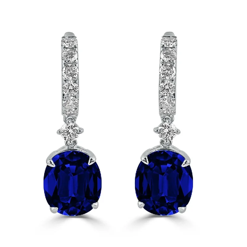 Auriya Fancy 13 7/8ct Blue Sapphire Oval and 1 1/4ctw Diamond Dangle Earrings 18k White Gold