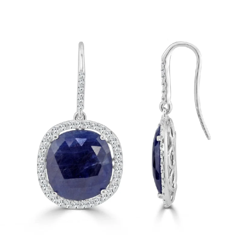 Auriya Fancy 15ct Blue Sapphire Cushion and 1 1/10ctw Halo Diamond Earrings by Auriya