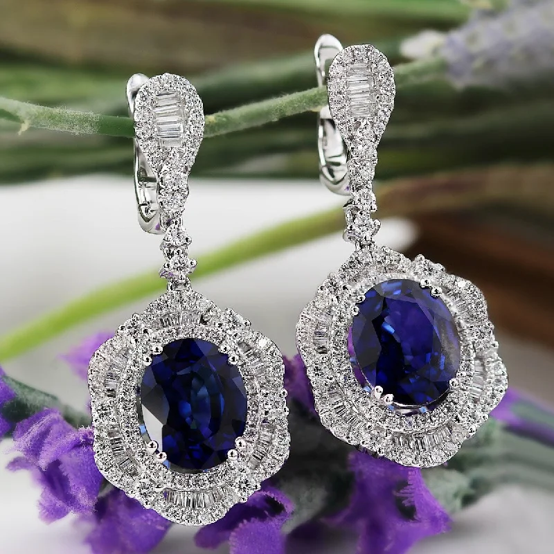 Auriya Fancy 6 3/8ct Royal Blue Sapphire Oval and 2 3/8ctw Halo Diamond Earrings 18K Gold