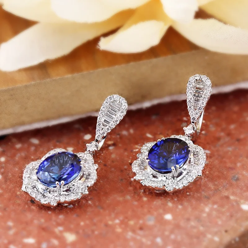 Auriya Fancy 6 3/8cttw Royal Blue Sapphire Oval and 2 1/8ctw Halo Diamond Earrings 18K Gold