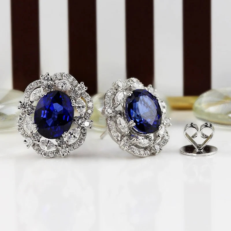 Auriya Fancy 7 1/2ct Royal Blue Sapphire Oval and 1 3/4ctw Halo Diamond Earrings 18K Gold