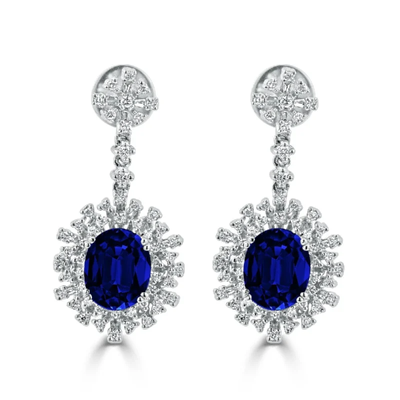 Auriya Fancy 7 5/8ct Blue Sapphire Oval and 1 1/3ctw Diamond Halo Dangle Earrings 18k Gold