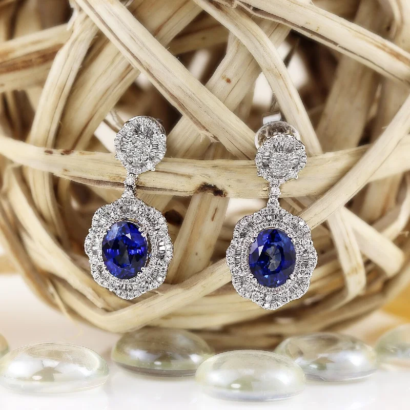 Auriya Fancy 8 1/5ct Royal Blue Sapphire Oval and 1 5/8ctw Halo Diamond Dangling Earrings 18K Gold