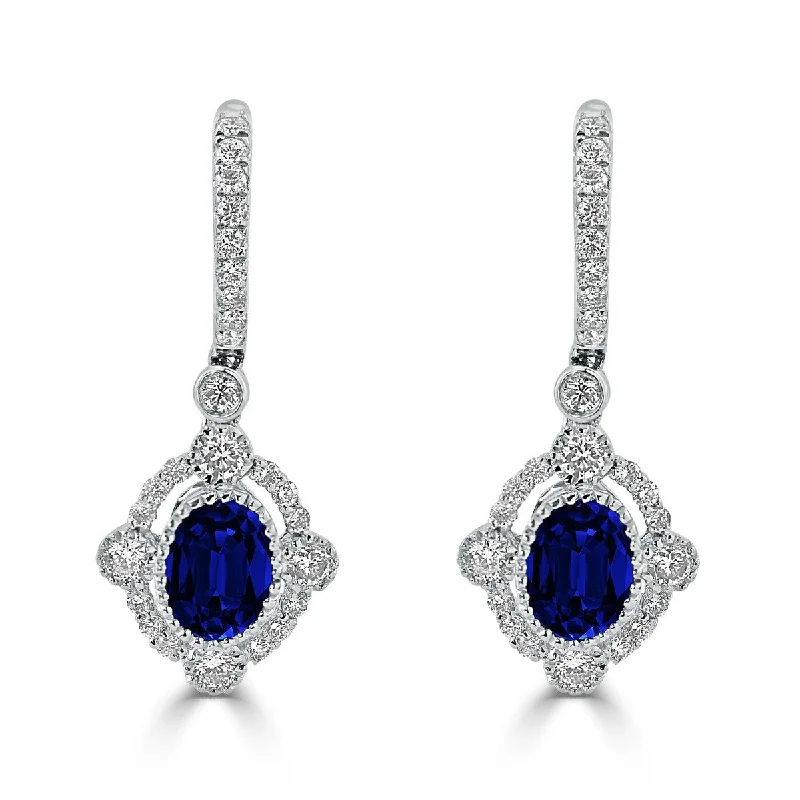 Auriya Vintage Inspired 2ct Blue Sapphire Oval and 7/8ct Diamond Halo Dangle Earrings 18k Gold