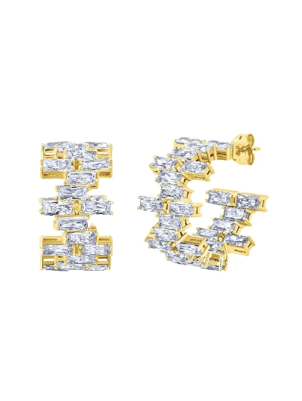 Baguette Cut Stagger Small Huggie Hoop Earrings