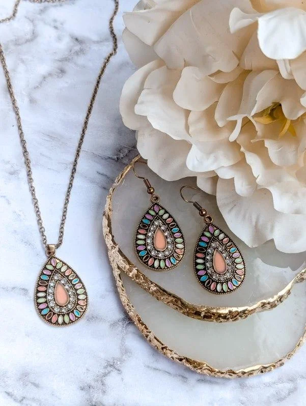 Beautiful Boho Pink Crystal Necklace and Earring Set