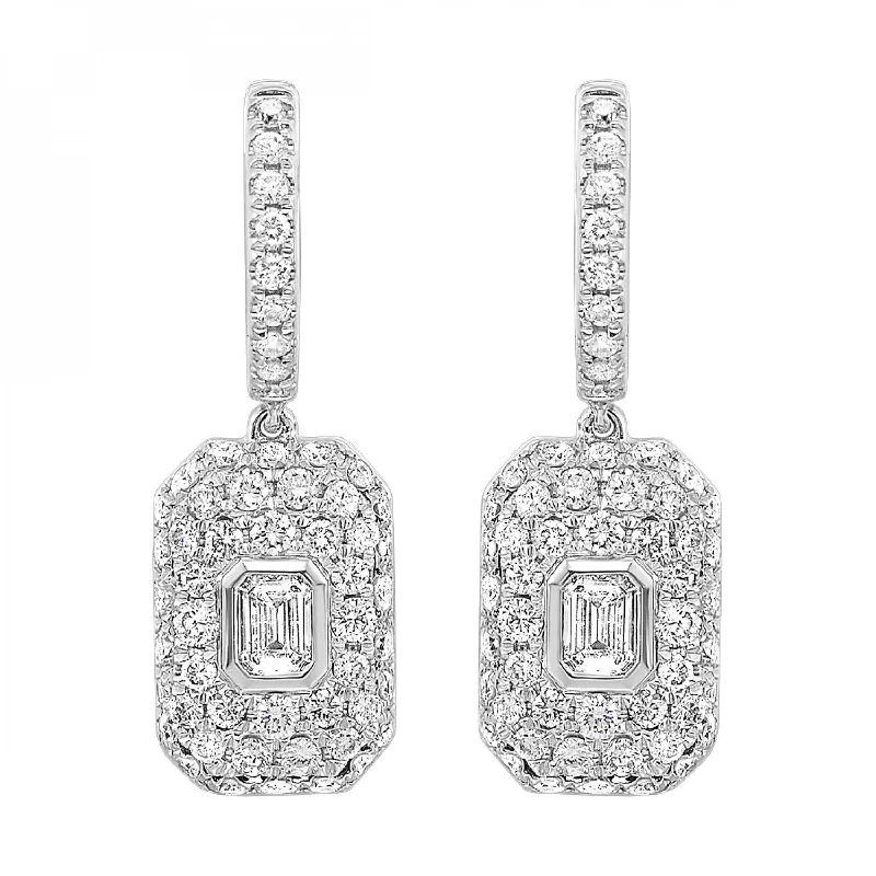 Diamond Cluster Dangle Earrings with Bezel-Set Emerald Cut Diamonds, 1.5 cttw