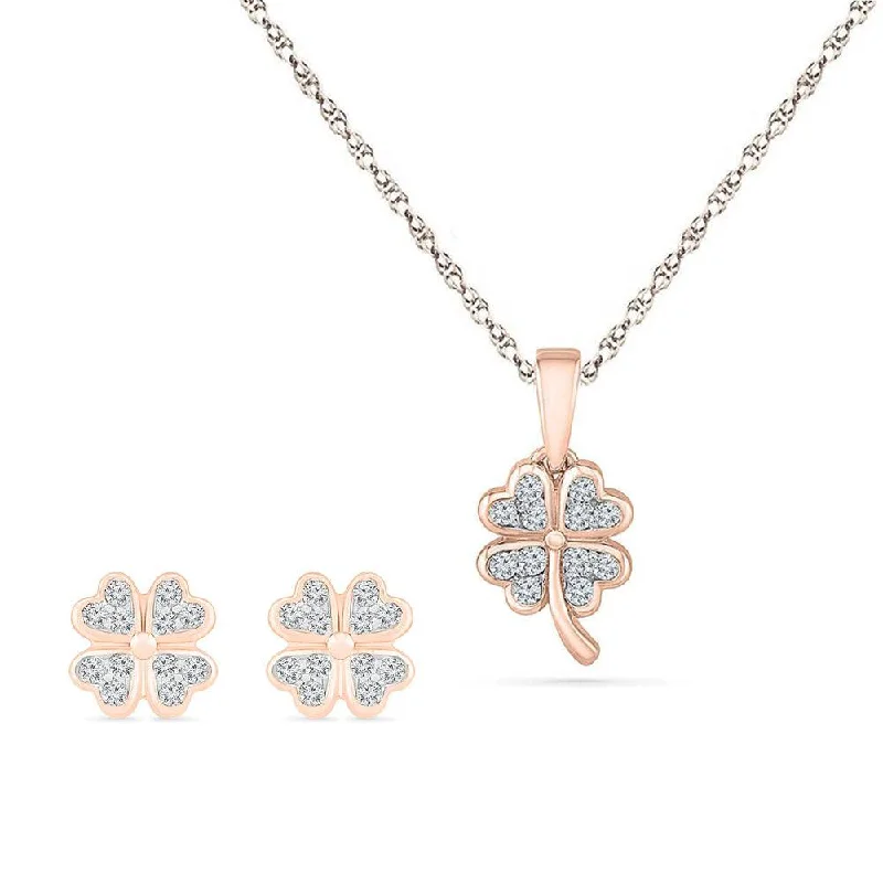 Diamond Four Leaf Clover Stud Earrings and Necklace Gift Set