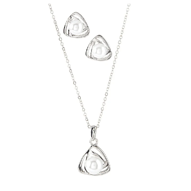 White Gold and Pearl Love Knot Necklace and Earring Set for Women by Hollywood Sensation