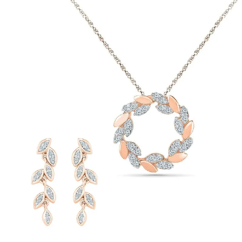 Floral Diamond Earrings and Necklace Gift Set in Silver or Gold