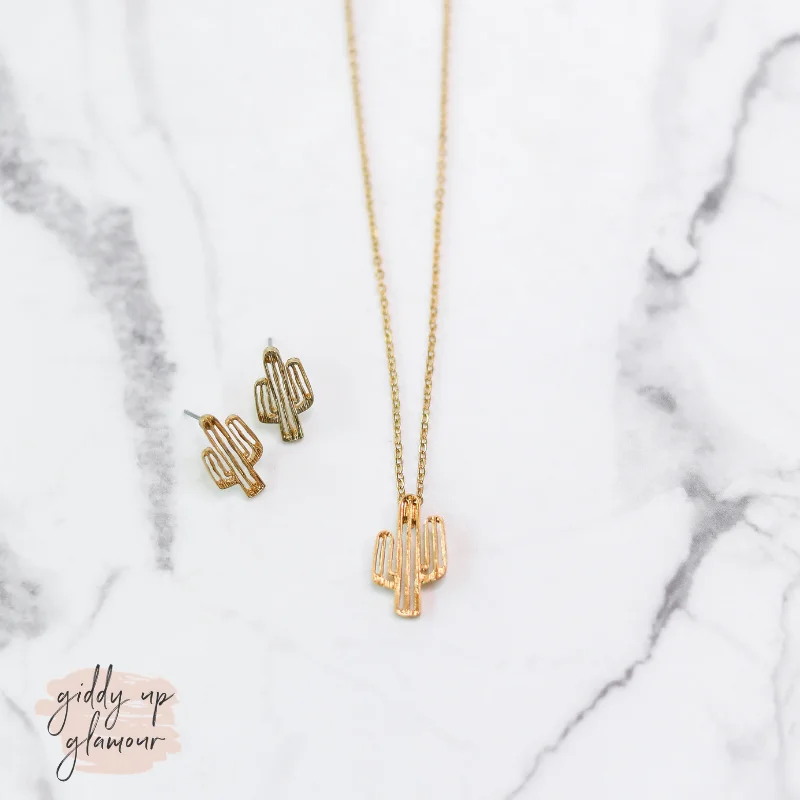 Gold Cactus Earring and Necklace Set