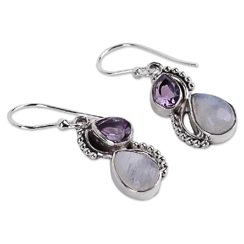 Handmade Amethyst and Rainbow Moonstone Dangle Earrings (India) - 1.4*0.4