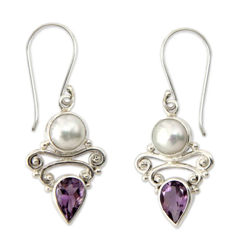 Handmade Silver 'Guardian Moon' Pearl Amethyst Earrings (8.5 mm) (Indonesia)