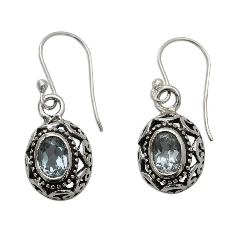 Handmade Sterling Silver 'Art of India' Blue Topaz Dangle Earrings (India)