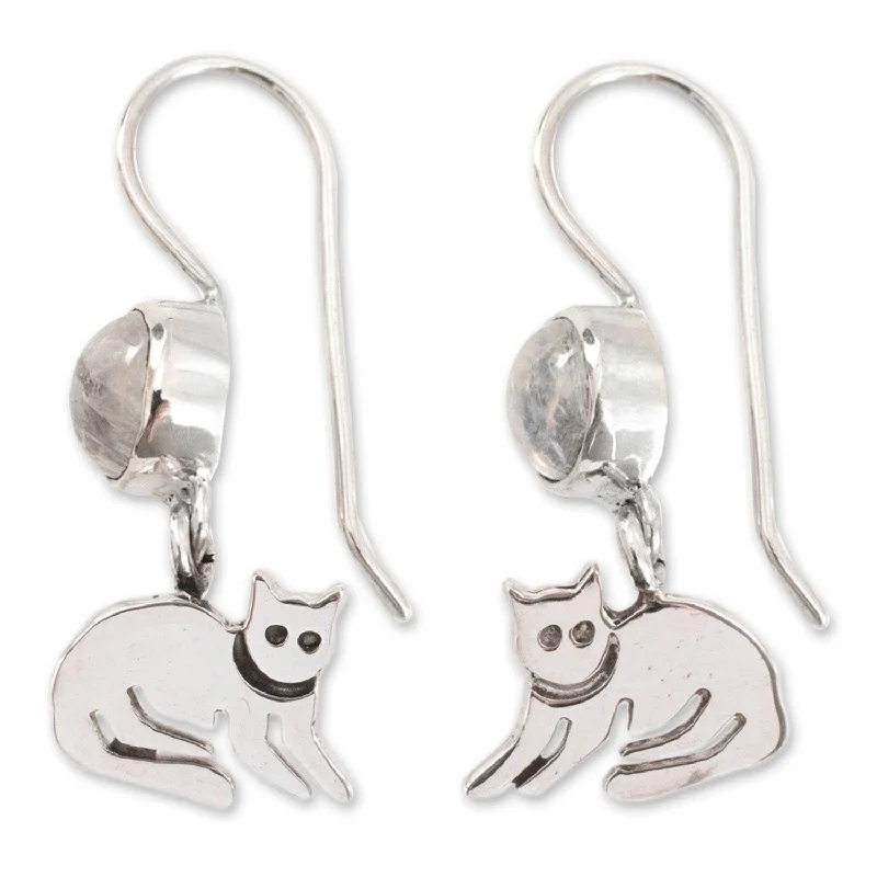 Handmade Sterling Silver Cool Kitty Cat Moonstone Earrings (Mexico)