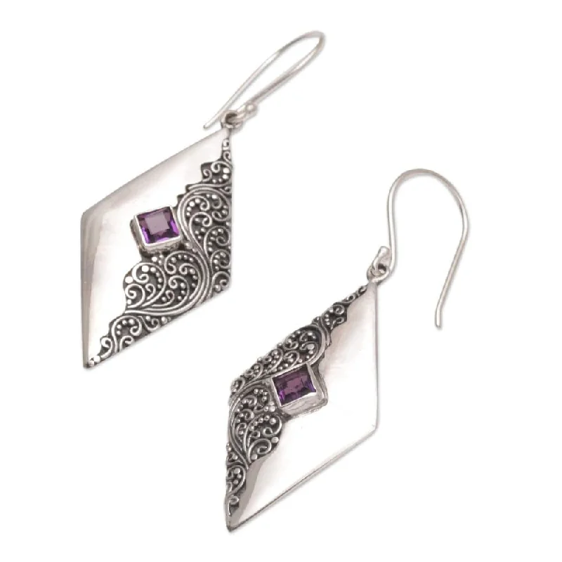 Handmade Sterling Silver 'Diamond Ferns' Amethyst Earrings (Indonesia) - 2L*0.7W