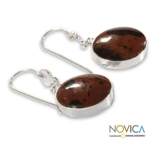 Handmade Sterling Silver 'Inca Moons' Mahogany Obsidian Earrings (Peru)