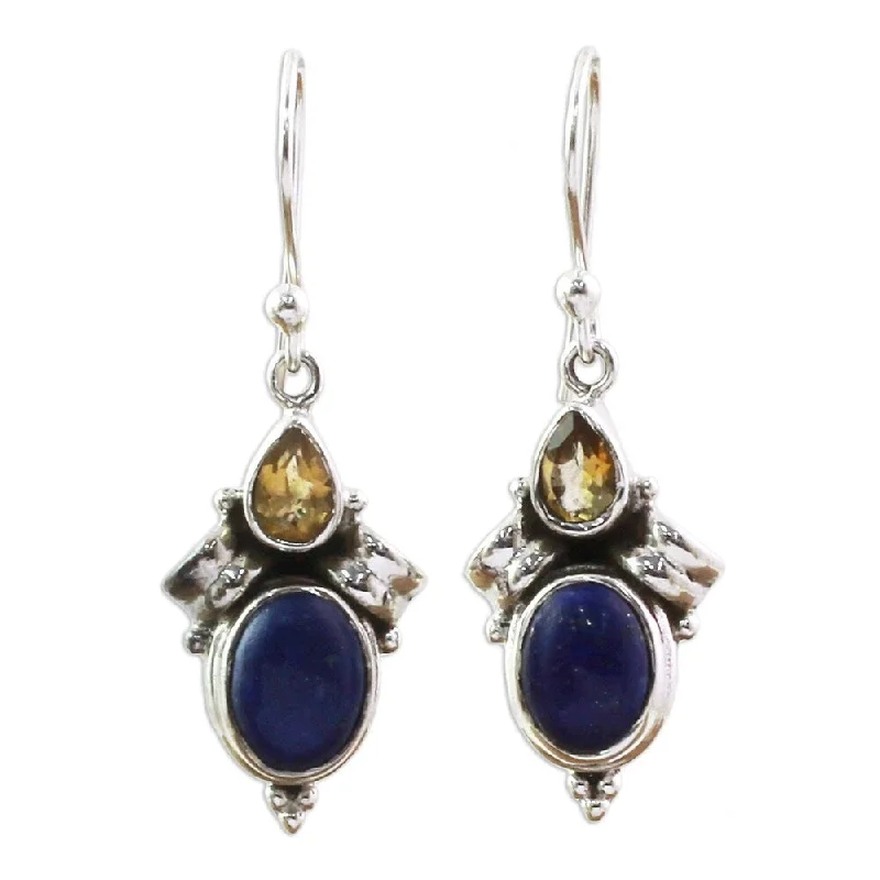 Handmade Sterling Silver Indian Fog Citrine Lapis Lazuli Earrings (India) - 1.6*0.6