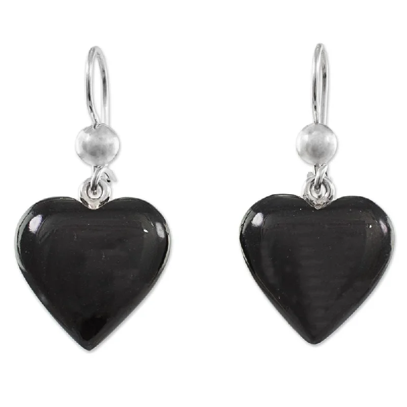 Handmade Sterling Silver 'Mayan Heart in Black' Jade Earrings (Guatemala) - 1.3L*0.6W