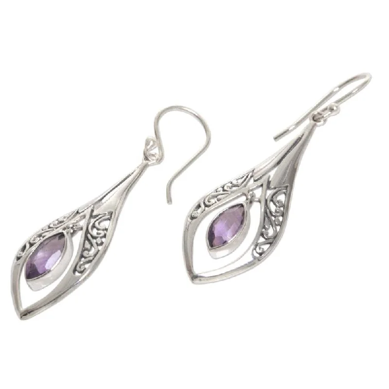 Handmade Sterling Silver 'Purple Teardrops' Amethyst Earrings (Indonesia) - 2.2*0.6