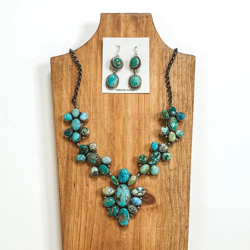 Jeff James | Navajo Handmade Sterling Silver Necklace with Kingman, Royston, and Golden Hills Turquoise Stones + Matching Earrings