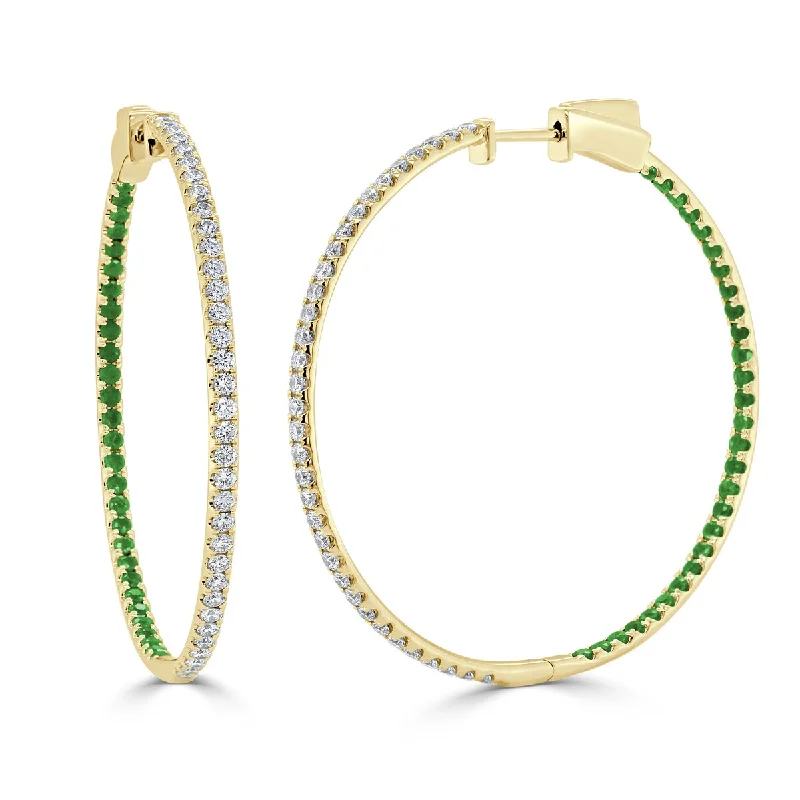 Joelle Emerald & Diamond Hoop Earrings 14K Gold 1.75 inches