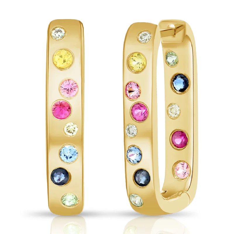 Joelle Multi Gemstone Bezel Set Hoop Earrings 14K Gold