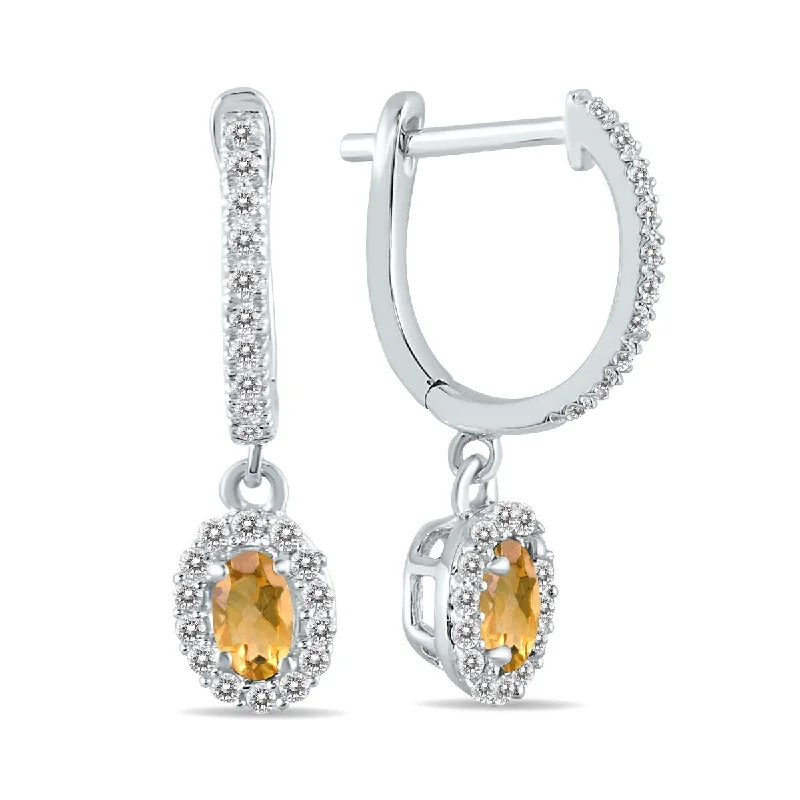 Marquee 1/2 Carat Oval Citrine and Diamond Halo Dangle Earrings in 10K White Gold