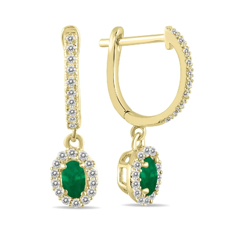 Marquee 1/2 Carat Oval Emerald and Diamond Halo Dangle Earrings in 10K Yellow Gold