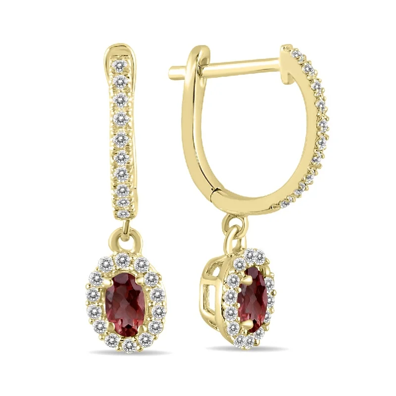 Marquee 1/2 Carat Oval Garnet and Diamond Halo Dangle Earrings in 10K Yellow Gold