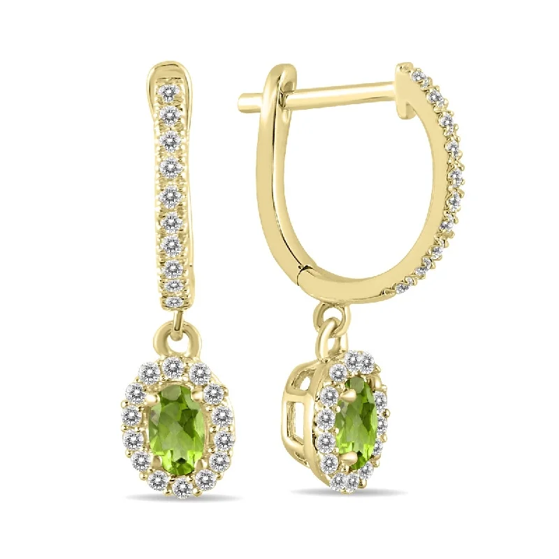 Marquee 1/2 Carat Oval Peridot and Diamond Halo Dangle Earrings in 10K Yellow Gold